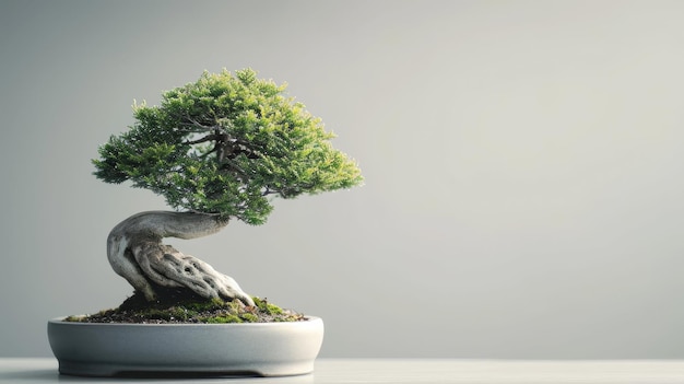 Árbol Bonsai en maceta blanca sobre mesa