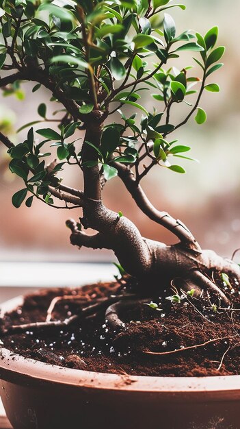 Foto Árbol de bonsai recién trasplantado con tierra y olla