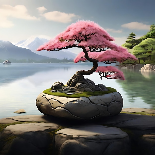 Foto Árbol de bonsaisakura en una roca detrás de un pequeño lago ai