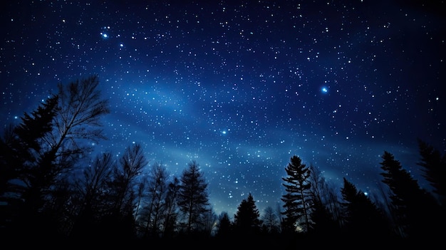 Un árbol en un bosque con las estrellas en el cielo.