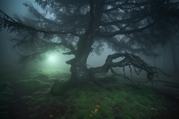 Un árbol en un bosque de niebla con una luz encendida