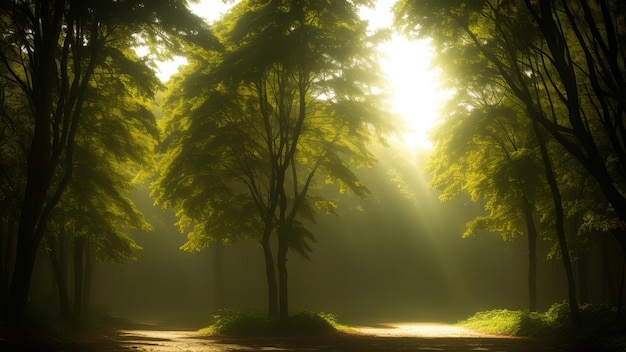 un árbol en el bosque con rayos de sol