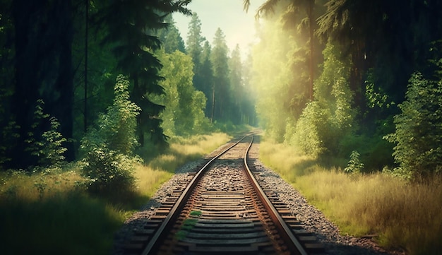 Árbol del bosque y río a lo largo de un ferrocarril en un verano