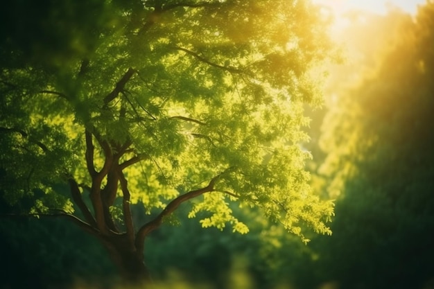 Un árbol en el bosque con el sol brillando sobre él.