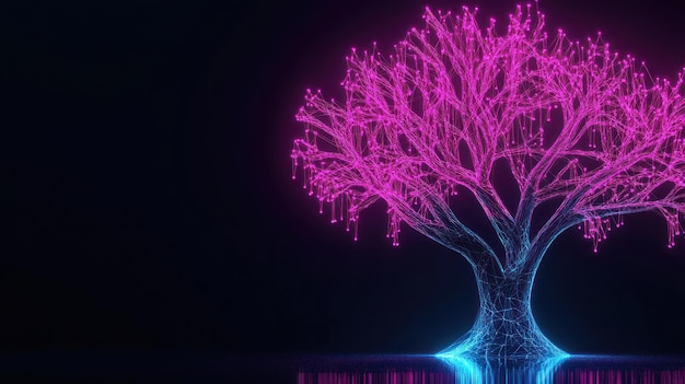 Un árbol brillante y vibrante con colores rosa y azul de neón en un fondo oscuro