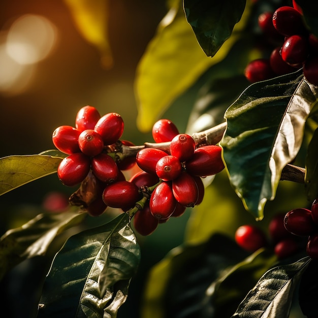 El árbol de café deja frutos maduros rojos