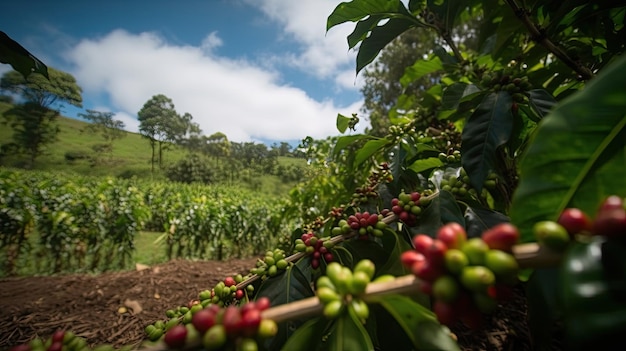 Árbol de café con granos de café rojos en la plantación de café IA generativa