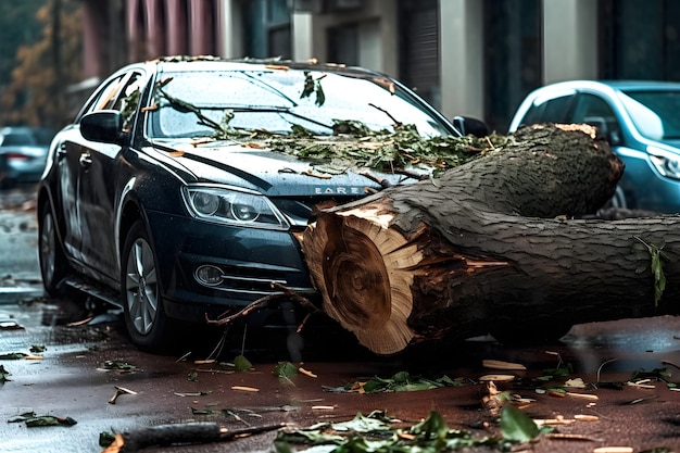 Un árbol caído en la parte delantera de un coche