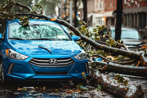 Foto un árbol caído sobre un coche