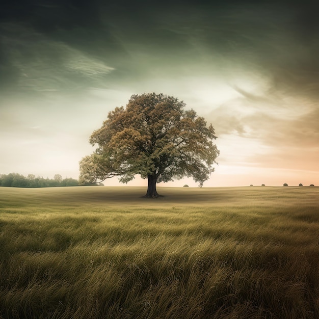 Un árbol en un campo con un cielo nublado