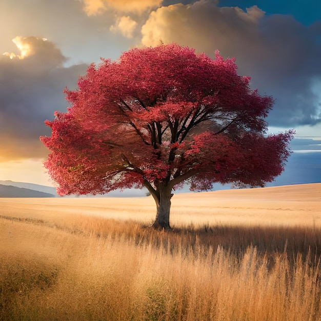 Un árbol en un campo con un cielo nublado