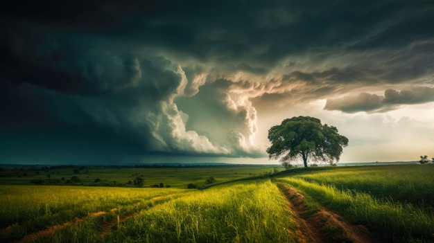 Un árbol en un campo con un cielo tormentoso.