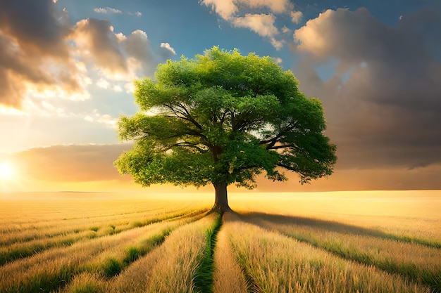 Un árbol en un campo con un fondo de cielo.