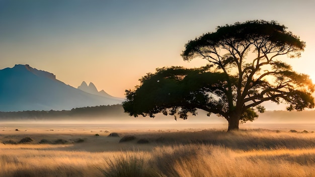 Un árbol en un campo con montañas al fondo.