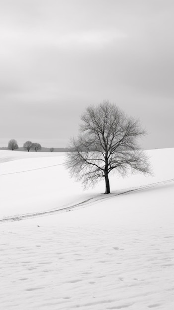 Un árbol en un campo nevado con un camino en primer plano