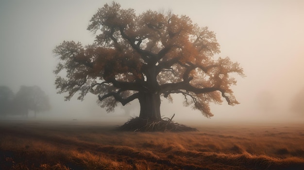 Un árbol en un campo de niebla con el sol brillando sobre él.