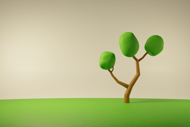 Un árbol en el campo paisaje natural ilustración 3d escena de dibujos animados