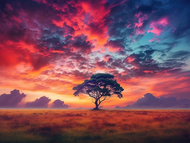 Un árbol en un campo con una puesta de sol al fondo.