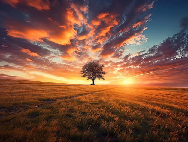 Un árbol en un campo con una puesta de sol al fondo.