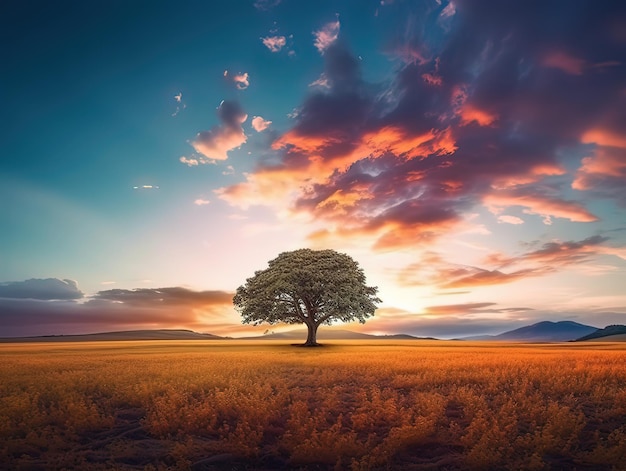 Un árbol en un campo con una puesta de sol al fondo.