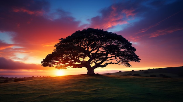 Un árbol en un campo con una puesta de sol al fondo.