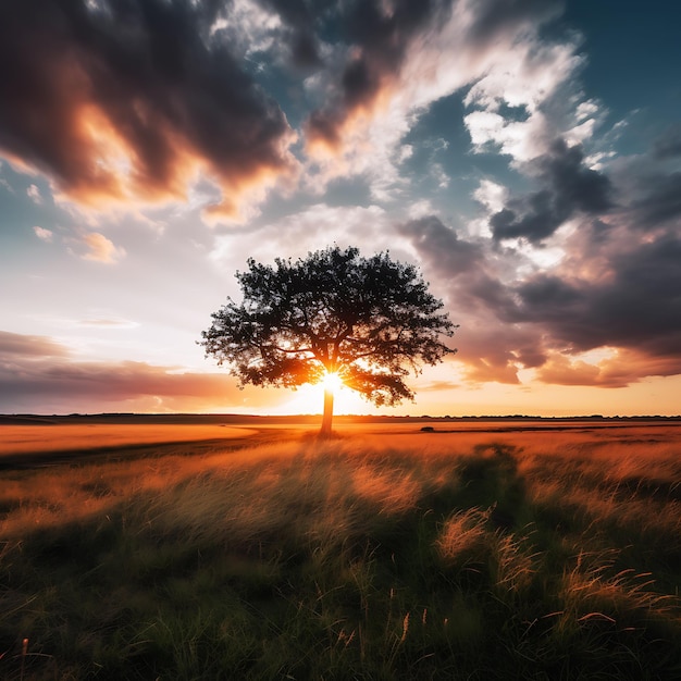 Un árbol en un campo con la puesta de sol detrás de él.