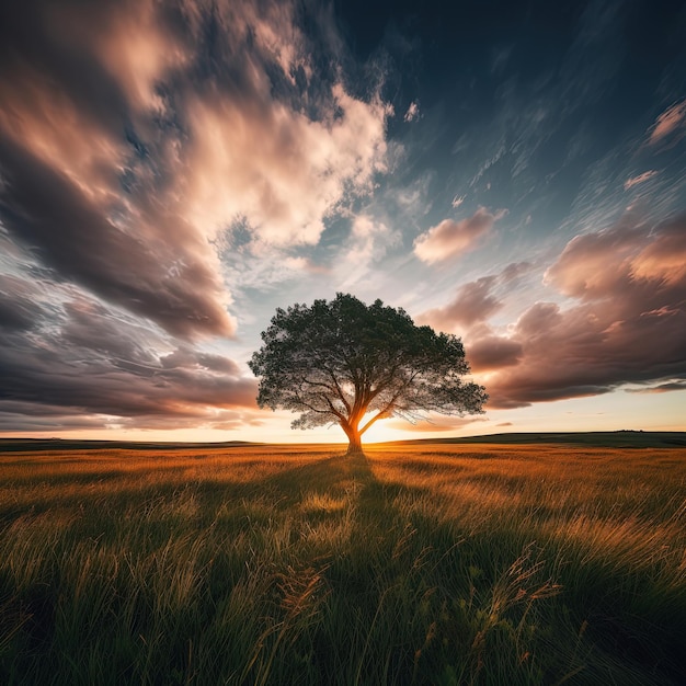 Un árbol en un campo con la puesta de sol detrás de él.