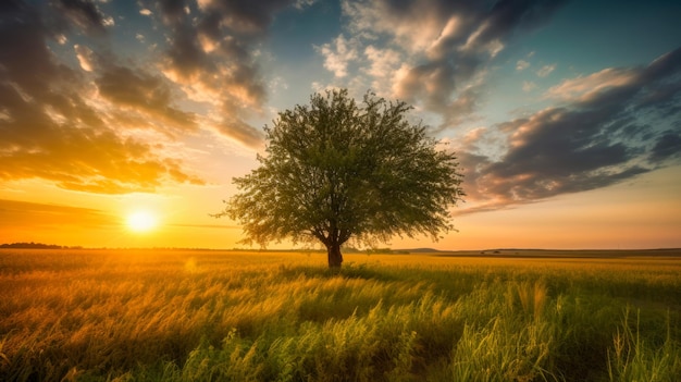 Un árbol en un campo con la puesta de sol detrás de él.