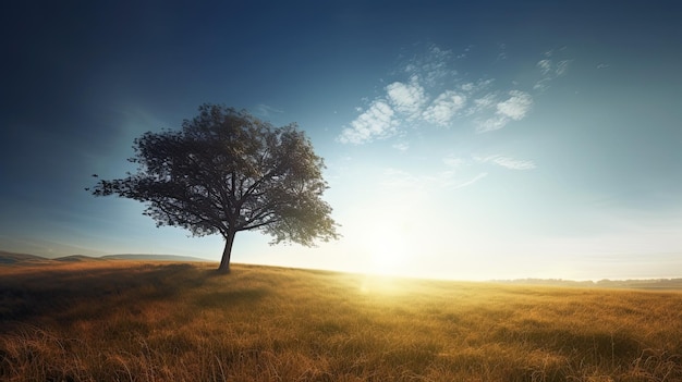 Un árbol en un campo con la puesta de sol detrás de él.