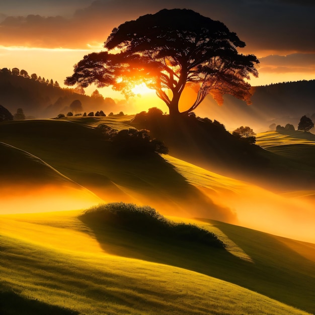 Un árbol en un campo con la puesta de sol detrás de él.