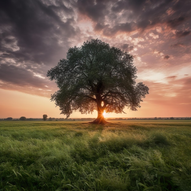 Un árbol en un campo con la puesta de sol detrás de él.