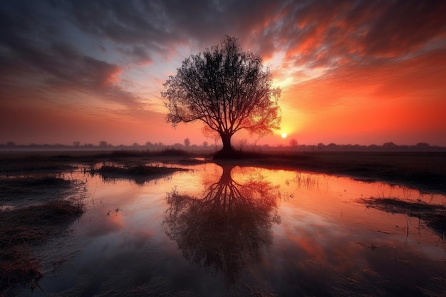 Un árbol en un campo con la puesta de sol detrás de él.