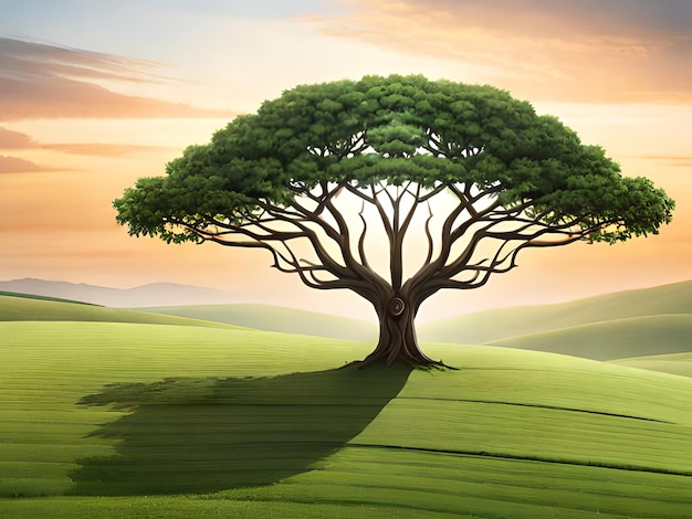 Un árbol en un campo con una puesta de sol detrás