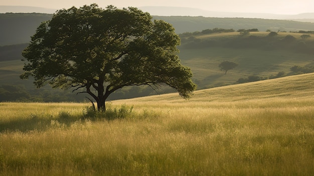 Un árbol en un campo con la puesta de sol.