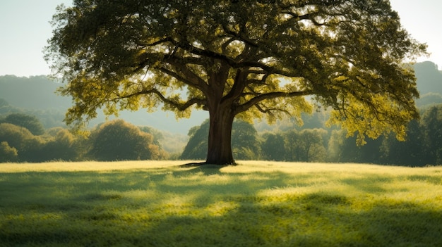 Un árbol en un campo con el sol brillando sobre él.