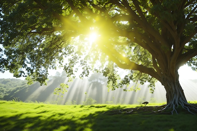 Un árbol en un campo con el sol brillando a través de los árboles.