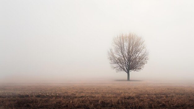 un árbol en un campo con el sol brillando a través de la niebla