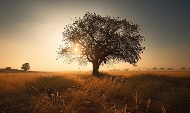 Un árbol en un campo con el sol detrás.