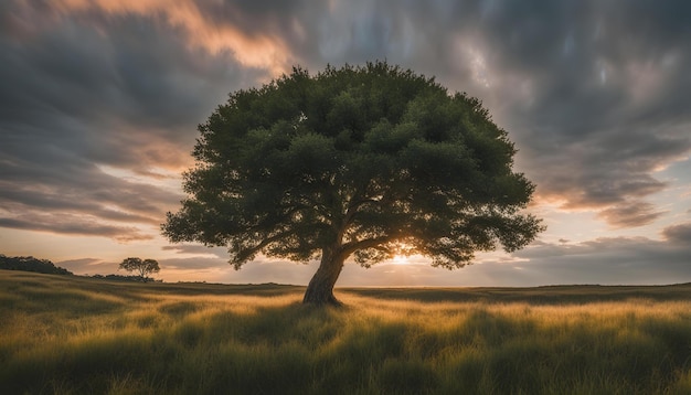 Foto un árbol en un campo con el sol poniéndose detrás de él