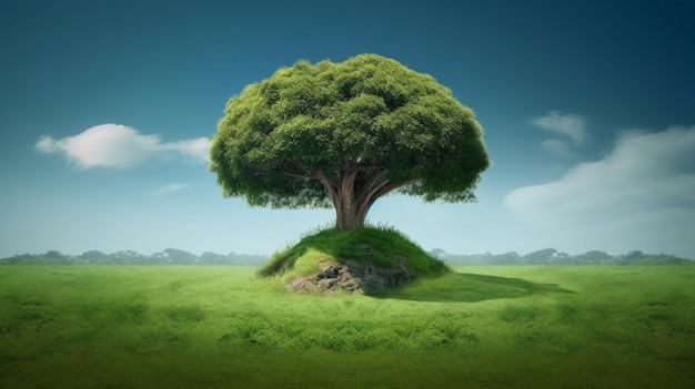 Un árbol en un campo verde con un cielo azul de fondo.