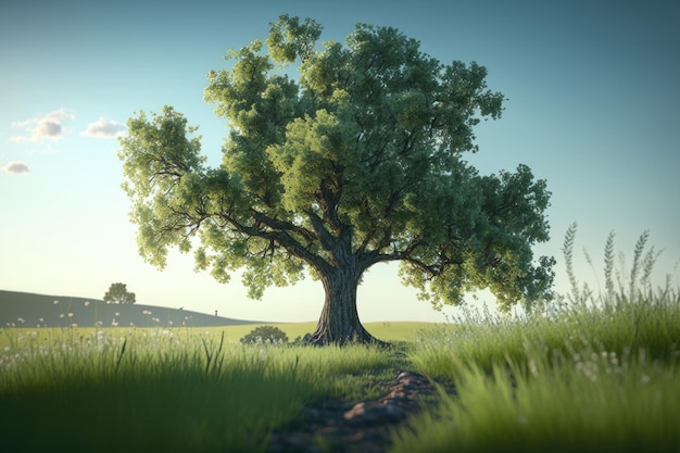 Árbol de campo verde y cielo azul Ilustración AI Generativo