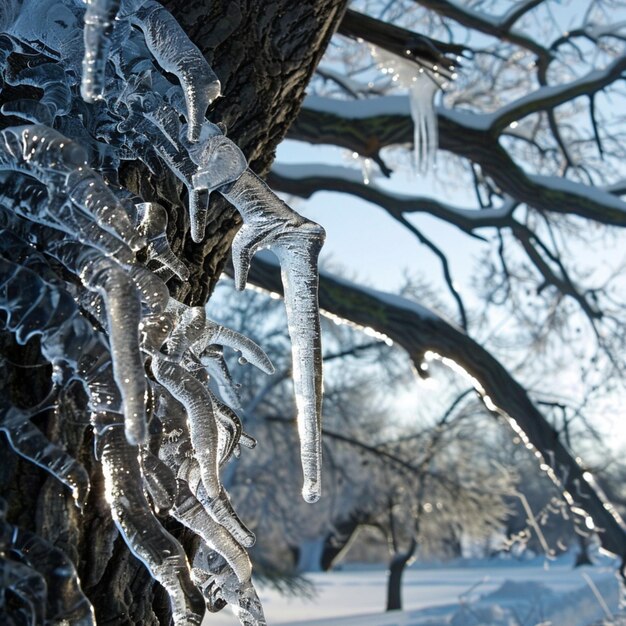 un árbol con caramelos de hielo colgando de él y un árbol con hielo congelado en él