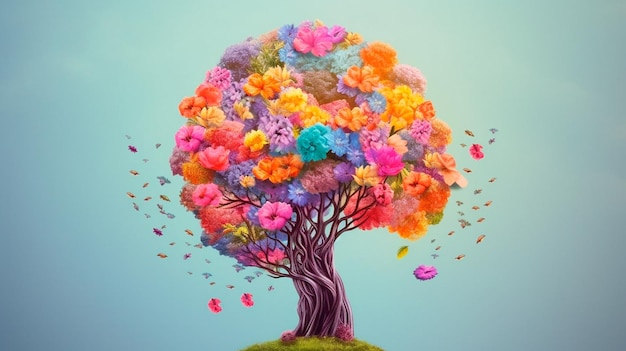 Árbol del cerebro humano con flores autocuidado y concepto de salud mental pensamiento positivo mente creativa IA generativa