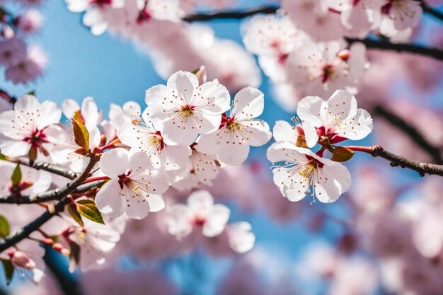 un árbol de cerezas en flor con el cielo en el fondo