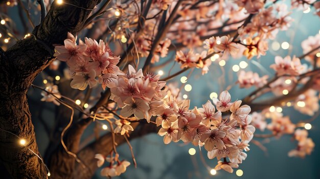 Un árbol de cerezas en flor de neón con delicadas flores rosadas y suaves luces blancas que iluminan su