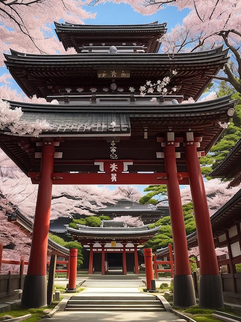 Foto Árbol de cerezas en flor del templo japonés generado por ia