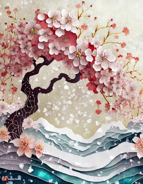 un árbol de cerezas en flor, tintas de alcohol, flores, vides y nieve en el fondo2