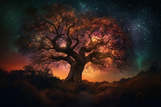 Un árbol con un cielo colorido y estrellas.