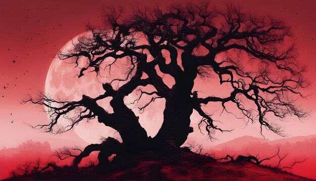 Foto un árbol con un cielo rojo detrás de él