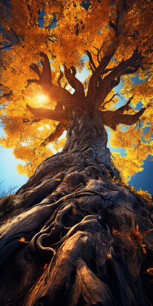 Foto Árbol de ciencia ficción hiperrealista en las hojas de otoño con escenas exageradas y vibrantes